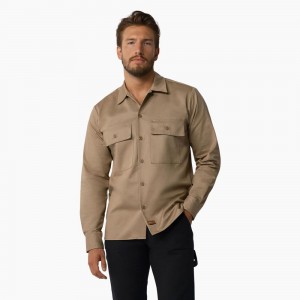 Men's Dickies 1922 Premium Twill Long Sleeve Shirt Brown | 047835CNE