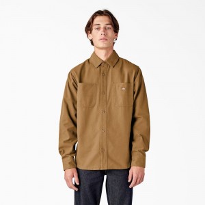 Men's Dickies Duck Canvas Long Sleeve Utility Shirt Brown | 396017YOX