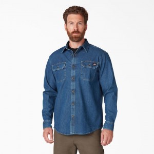 Men's Dickies FLEX Denim Long Sleeve Shirt Blue | 269870IEG