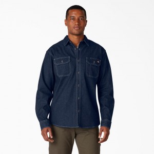 Men's Dickies FLEX Denim Long Sleeve Shirt Blue | 146057YIJ