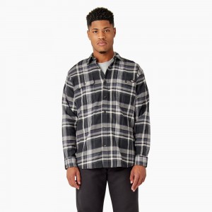 Men's Dickies FLEX Long Sleeve Flannel Shirt Black | 516820HJY