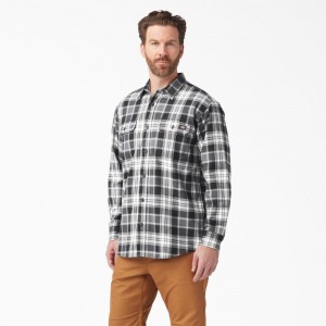 Men's Dickies FLEX Long Sleeve Flannel Shirt Black | 036245WKY