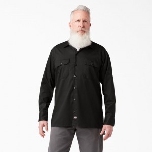 Men's Dickies FLEX Relaxed Fit Long Sleeve Work Shirts Black | 761405NUJ