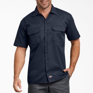 Men's Dickies FLEX Relaxed Fit Short Sleeve Work Shirts Navy | 257896TVD