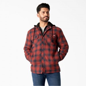 Men's Dickies Flannel Hooded Shirt Jacket Red | 768042MHY