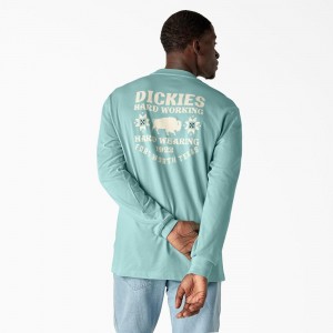 Men's Dickies Hays Long Sleeve Graphic T-Shirt Turquoise | 403852GBQ