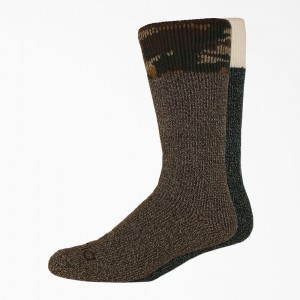 Men's Dickies Heavyweight Charcoal Fiber Crew 2-Pack Socks Brown | 457209PSB