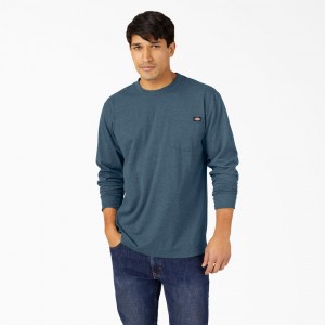 Men's Dickies Heavyweight Heathered Long Sleeve Pocket T-Shirt Blue | 504168EBV