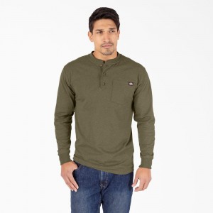 Men's Dickies Heavyweight Heathered Long Sleeve Henley T-Shirt Green | 138056TYW