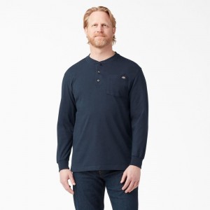 Men's Dickies Heavyweight Long Sleeve Henley T-Shirt Navy | 618075ZDW