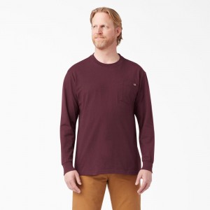 Men's Dickies Heavyweight Long Sleeve Pocket T-Shirt Burgundy | 354201ZFI