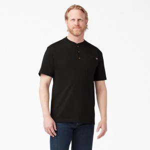 Men's Dickies Heavyweight Short Sleeve Henley T-Shirt Black | 037861DPM