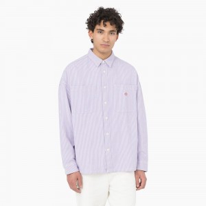 Men's Dickies Hickory Stripe Long Sleeve Work Shirts Purple | 965823LXW