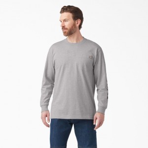 Men's Dickies Logo Graphic Long Sleeve Pocket T-Shirt Grey | 158049XYL