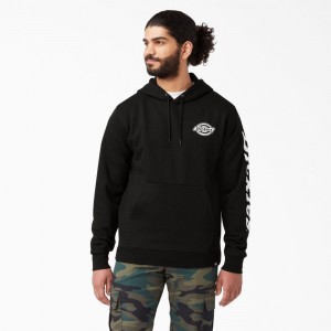 Men's Dickies Logo Sleeve Fleece Hoodie Black | 207861ZMT