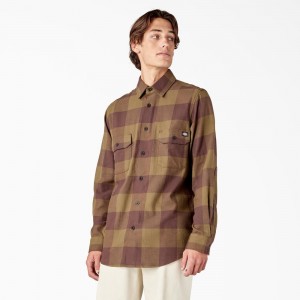 Men's Dickies Long Sleeve Flannel Shirt Olive | 097248FRK