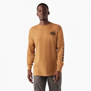 Men's Dickies Long Sleeve Heavyweight Logo T-Shirt Brown | 647013DAE