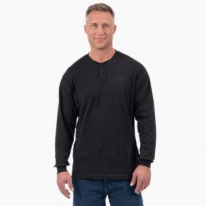 Men's Dickies Long Sleeve Henley T-Shirt Black | 302691OMJ