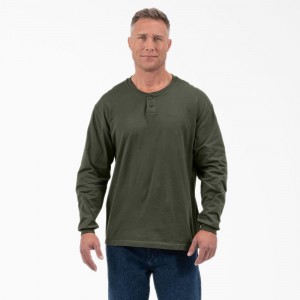 Men's Dickies Long Sleeve Henley T-Shirt Green | 751603KLF