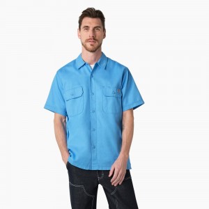 Men's Dickies Madras Short Sleeve Work Shirts Blue | 752910OFP