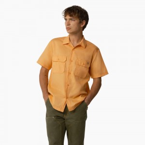 Men's Dickies Madras Short Sleeve Work Shirts Yellow | 927358ENG