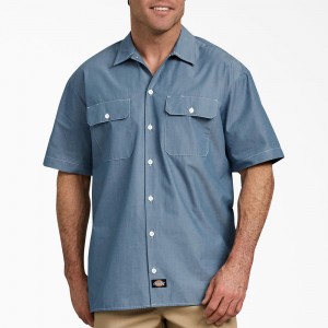 Men's Dickies Relaxed Fit Short Sleeve Chambray Shirt Blue | 431965SHQ