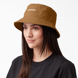 Men's Dickies Script Logo Canvas Bucket Hat Khaki | 085376OSG