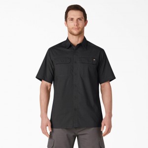 Men's Dickies Short Sleeve Ripstop Work Shirts Black | 623014ITB