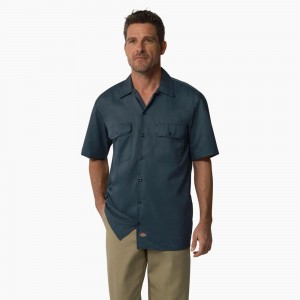 Men's Dickies Short Sleeve Work Shirts Blue | 453681XEH