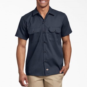 Men's Dickies Slim Fit Short Sleeve Work Shirts Navy | 460328PWX