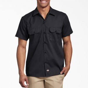 Men's Dickies Slim Fit Short Sleeve Work Shirts Black | 123654BJT