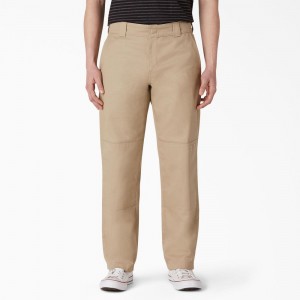 Men's Dickies Slim Straight Fit Double Knee Pants Khaki | 126948UDP