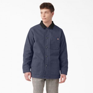 Men's Dickies Stonewashed Duck Lined Chore Jacket Navy | 965024IMF