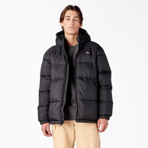 Men's Dickies Waldenburg Hooded Puffer Jacket Black | 507642CBE