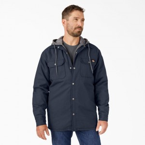 Men's Dickies Water Repellent Duck Hooded Shirt Jacket Navy | 521740TFM