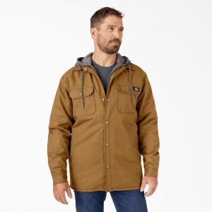 Men's Dickies Water Repellent Duck Hooded Shirt Jacket Brown | 315649JNH