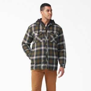 Men's Dickies Water Repellent Flannel Hooded Shirt Jacket Olive | 015472WPD