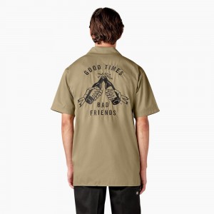 Men's Dickies x Lurking Class Good Times Work Shirts Khaki | 275146YCS