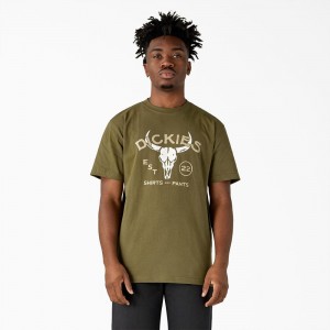 Women's Dickies Bull Skull Heavyweight T-Shirt Green | 283491LTC