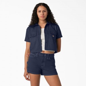 Women's Dickies Cropped Work Shirts Navy | 154078LPI