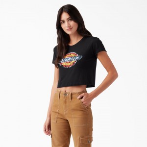 Women's Dickies Distressed Logo Cropped T-Shirt Black | 351827WMI