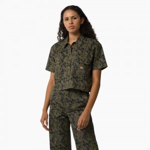 Women's Dickies Drewsey Camo Cropped Work Shirts Green | 178036IKY