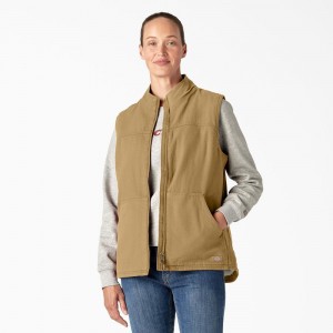 Women's Dickies Fleece Lined Duck Canvas Vest Khaki | 685147BUE