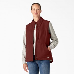 Women's Dickies Fleece Lined Duck Canvas Vest Red | 605249DQV