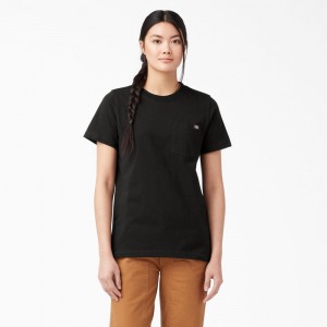 Women's Dickies Heavyweight Short Sleeve Pocket T-Shirt Black | 107684IDH