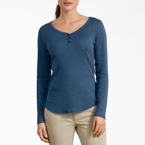 Women's Dickies Henley Long Sleeve T-Shirt Blue | 854026AFB