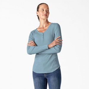 Women's Dickies Henley Long Sleeve T-Shirt Blue | 635298CRX