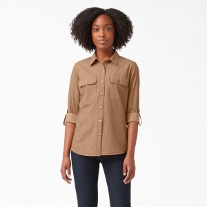 Women's Dickies Long Sleeve Roll-Tab Work Shirts Brown | 047236PCI