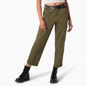 Women's Dickies Relaxed Fit Contrast Stitch Cropped Cargo Pants Green | 052186QGN