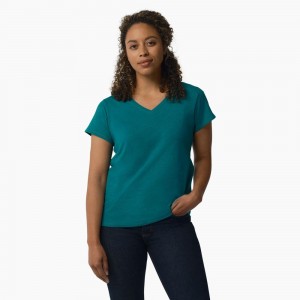 Women's Dickies Short Sleeve V-Neck T-Shirt Blue | 704526JZD